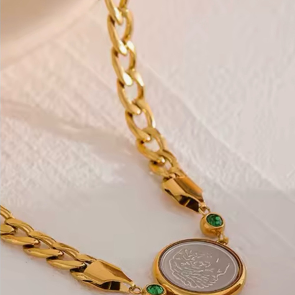 Coin choker necklace, gold coin necklace, 18K gold plated stainless steel CZ - Picture 5 of 7